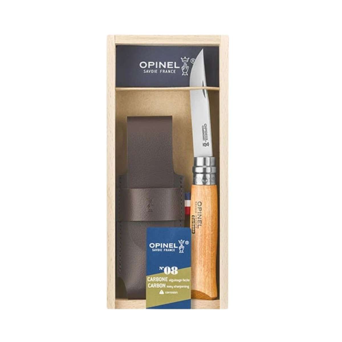 Opinel Pocket Knife 8.5 cm Beech Wood Handle and Steath in a Wooden Gift Box With Glass Lid No 8 Carbon 000815