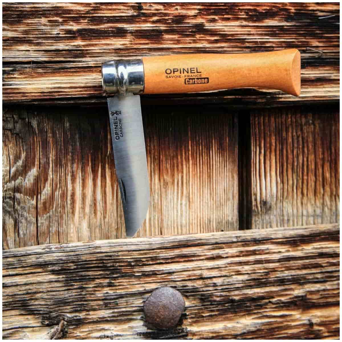 Opinel Pocket Knife 8.5 cm Beech Wood Handle and Steath in a Wooden Gift Box With Glass Lid No 8 Carbon 000815