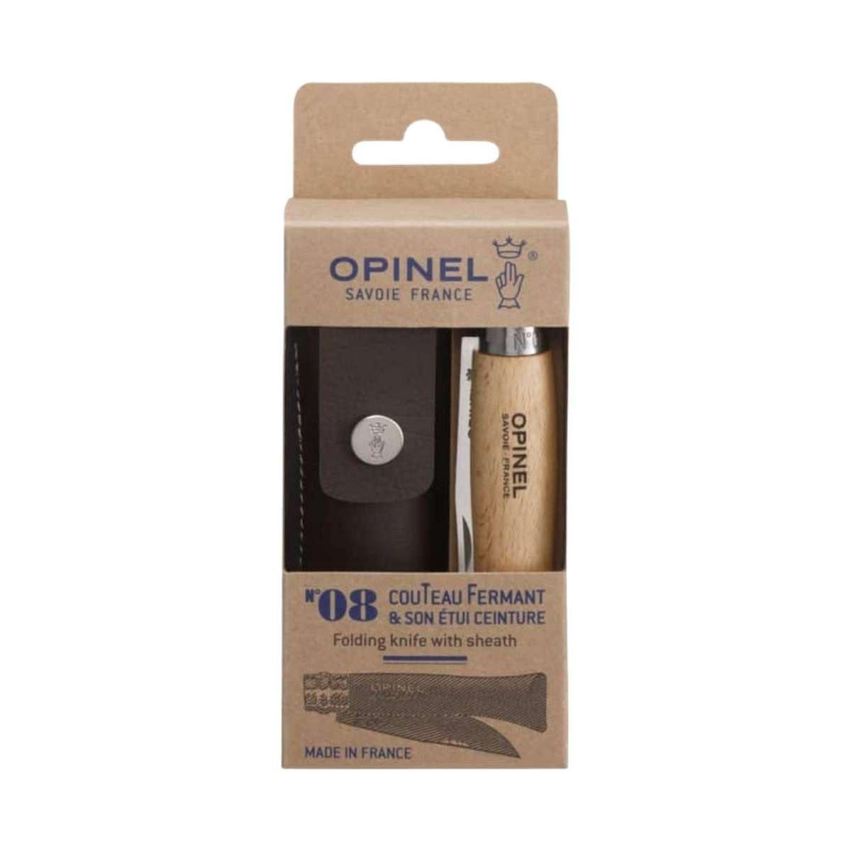 Opinel Pocket Knife 8.5 cm Beech Wood Handle and Steath in a Wooden Gift Box With Glass Lid No 8 Inox 001089