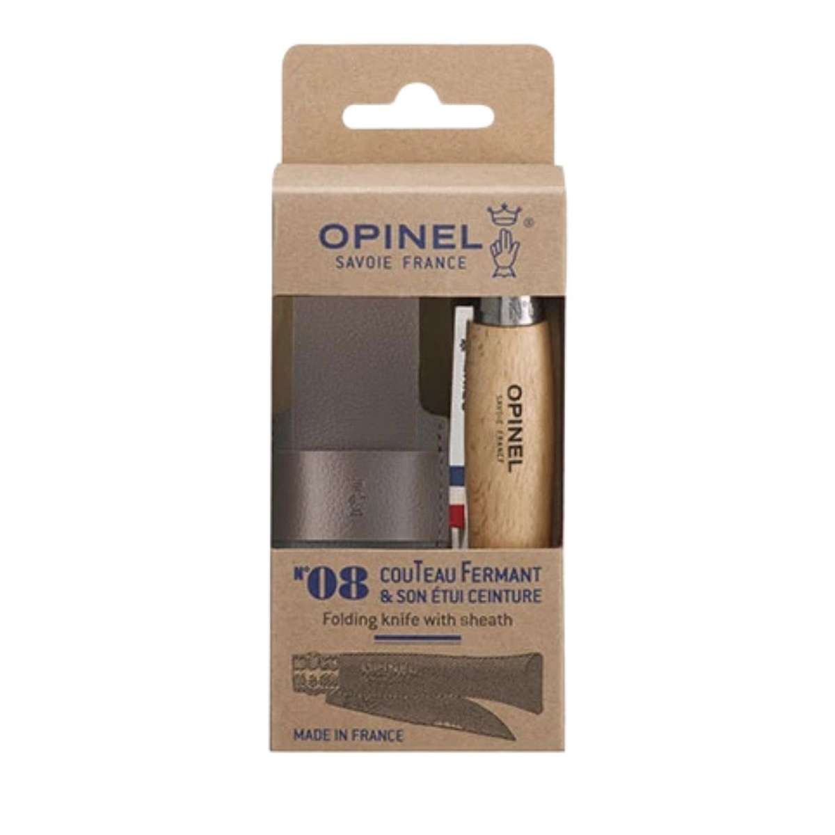Opinel Pocket Knife 8.5 cm Beech Wood Handle and Steath in a Wooden Gift Box With Glass Lid No 8 Inox 001089