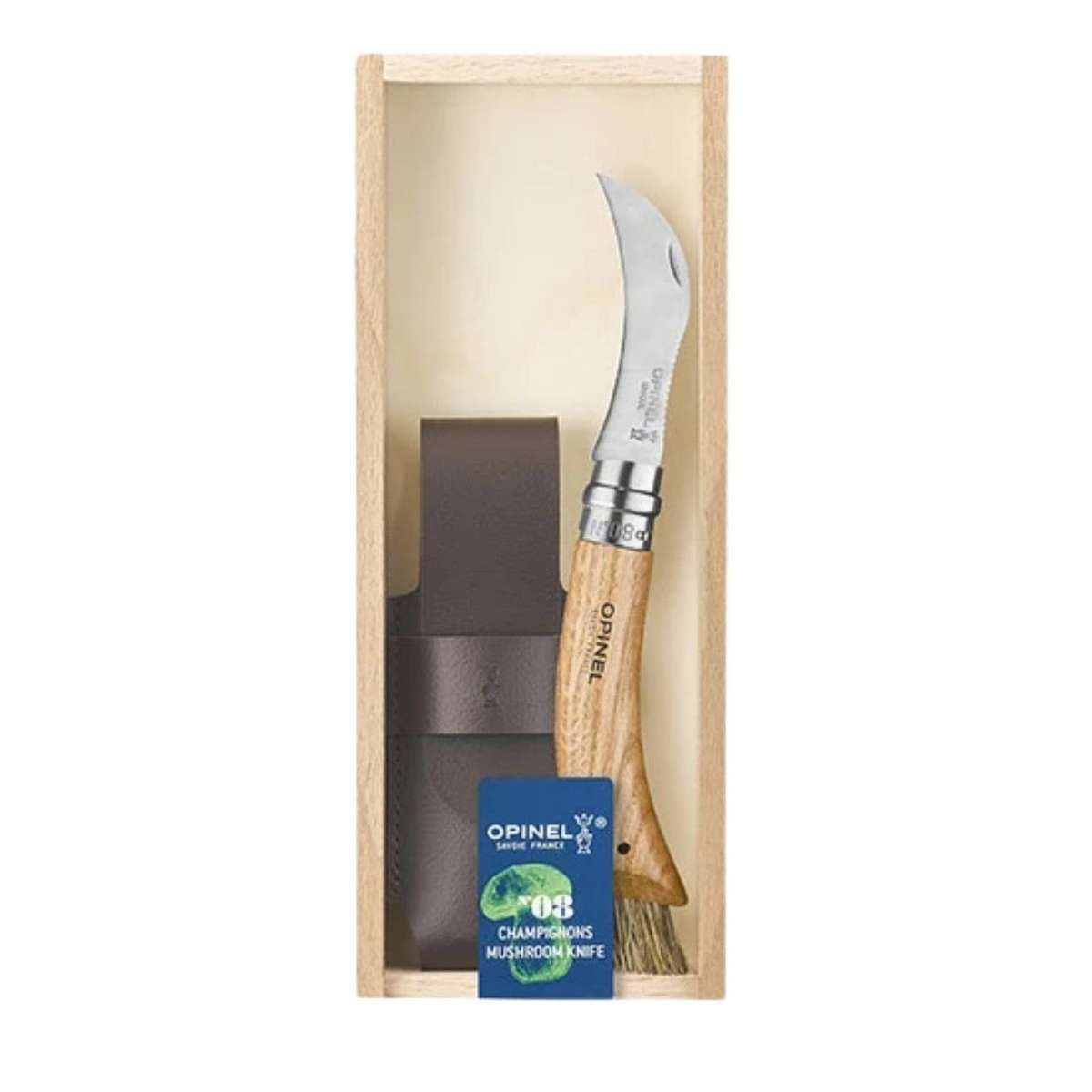 Opinel Pocket Knife 8.5 cm for Mushrooms Oak Wood Handle and Steath in a Wooden Gift Box No 8 Inox 001327