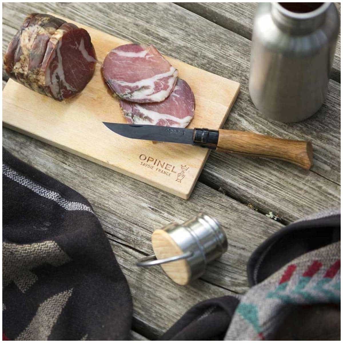 Opinel Pocket Knife 8.5 cm With Black Blade Oak Wood Handle and Steath in a Wooden Gift Box No 8 Inox 002172