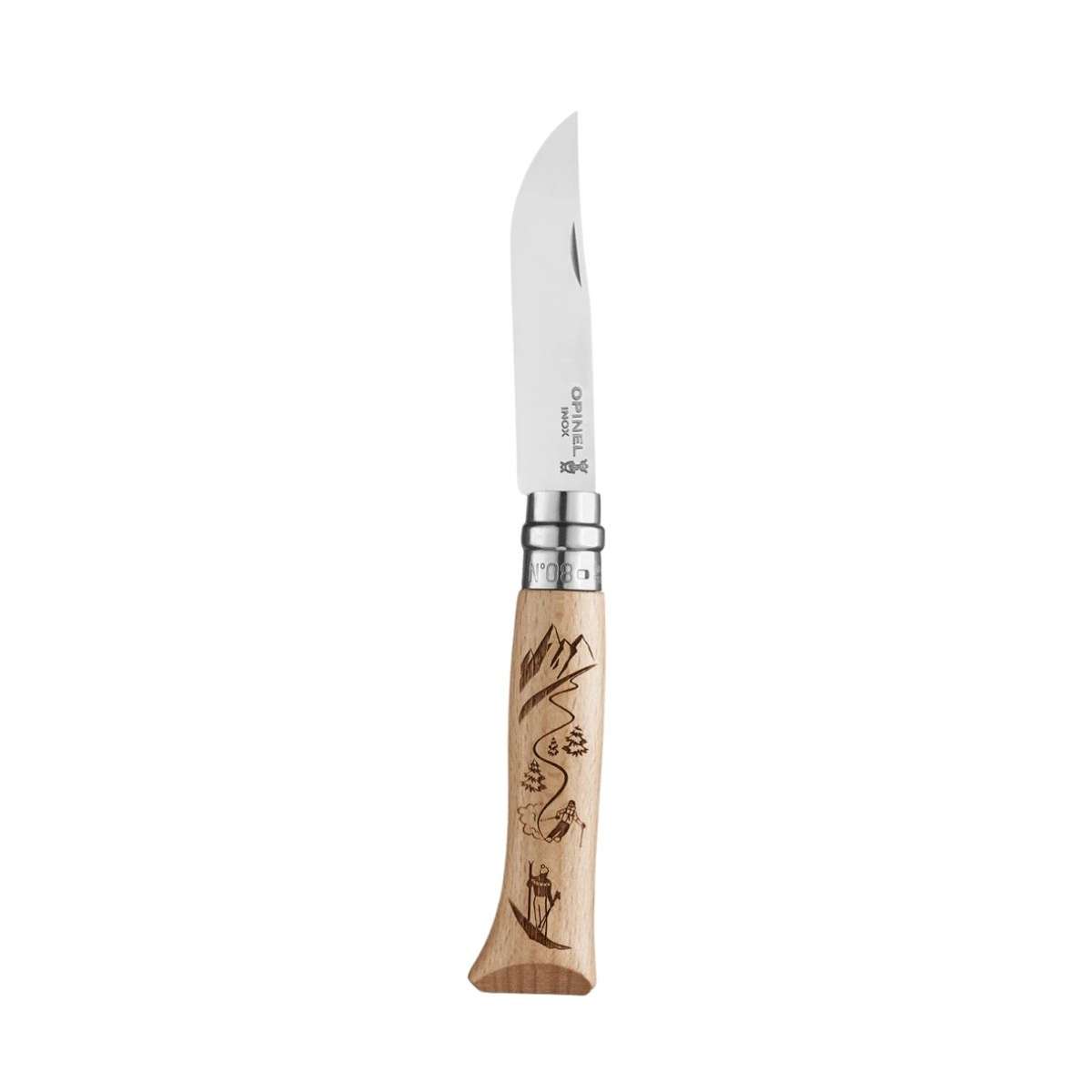 Opinel Pocket Knife 8.5 cm Engraved Beech Wood Handle No 8 Gravé Sport Skiing 002188