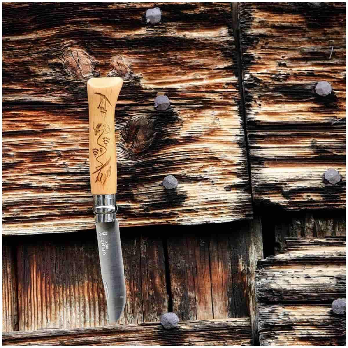 Opinel Pocket Knife 8.5 cm Engraved Beech Wood Handle No 8 Gravé Sport Skiing 002188