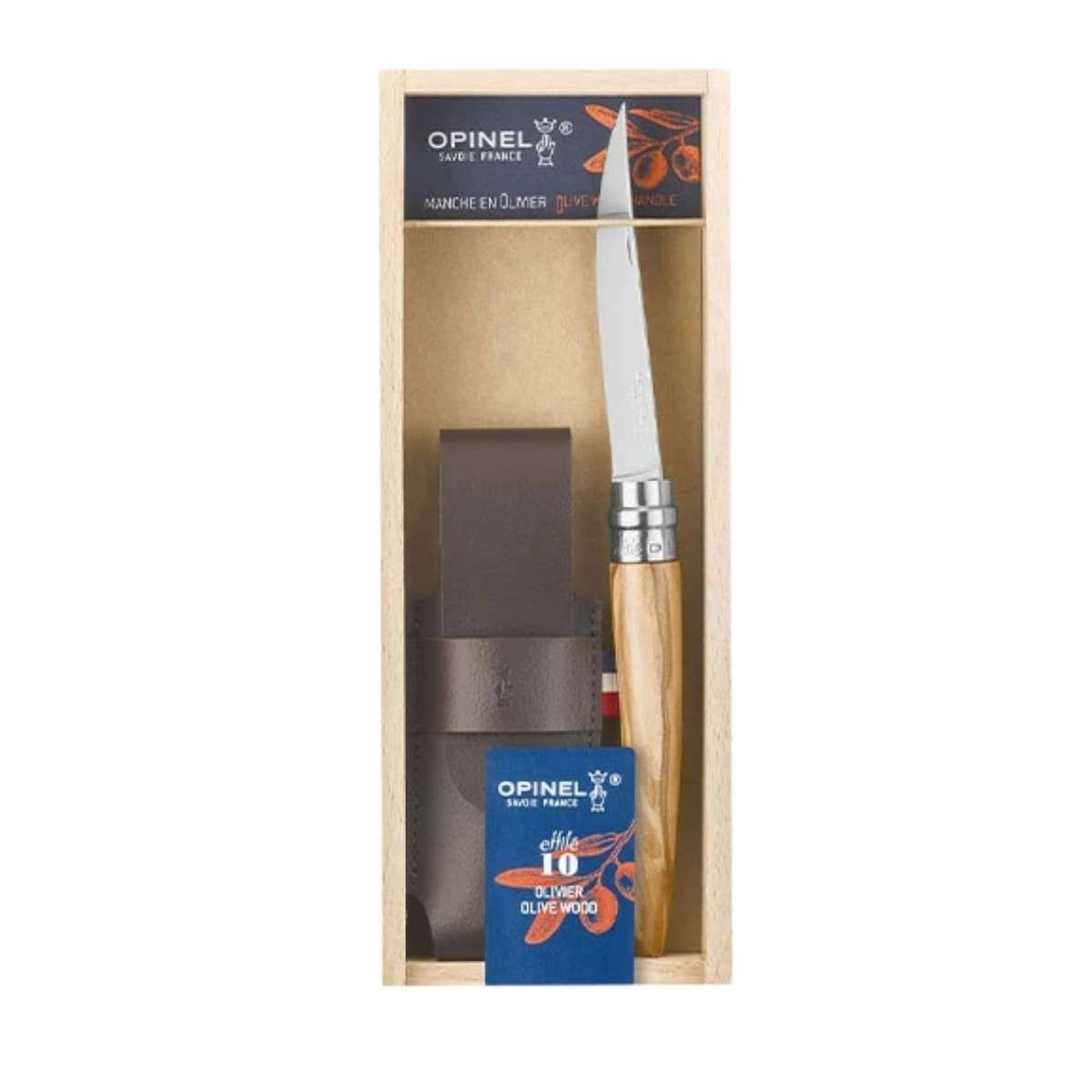 Opinel Pocket Knife 10 cm Olive Wood Handle and Steath in a Wooden Gift Box With Glass Lid No 10 Slim 002606