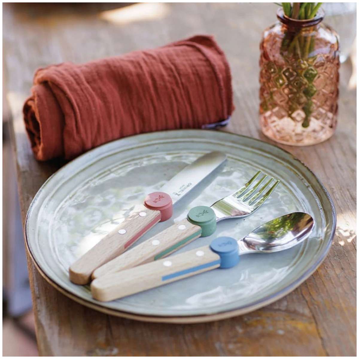 Opinel Stainless Steel Kid's Cutlery Set 3 pcs With Beech Wood Handle Coral 003256