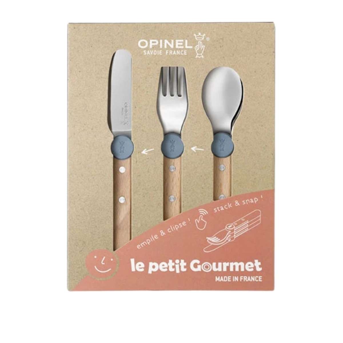 Opinel Stainless Steel Kid's Cutlery Set 3 pcs With Beech Wood Handle Blue 003257