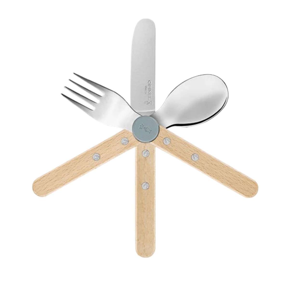 Opinel Stainless Steel Kid's Cutlery Set 3 pcs With Beech Wood Handle Blue 003257