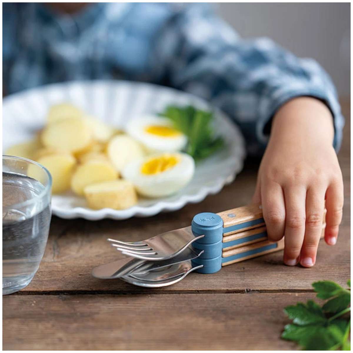 Opinel Stainless Steel Kid's Cutlery Set 3 pcs With Beech Wood Handle Blue 003257
