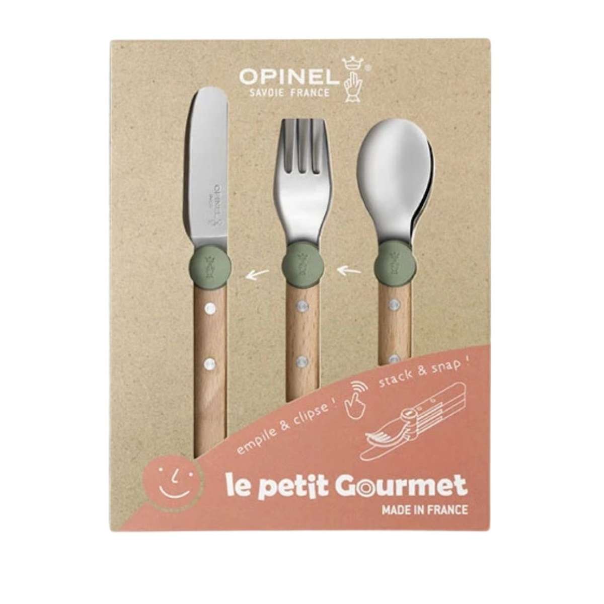 Opinel Stainless Steel Kid's Cutlery Set 3 pcs With Beech Wood Handle Olive Green 003258