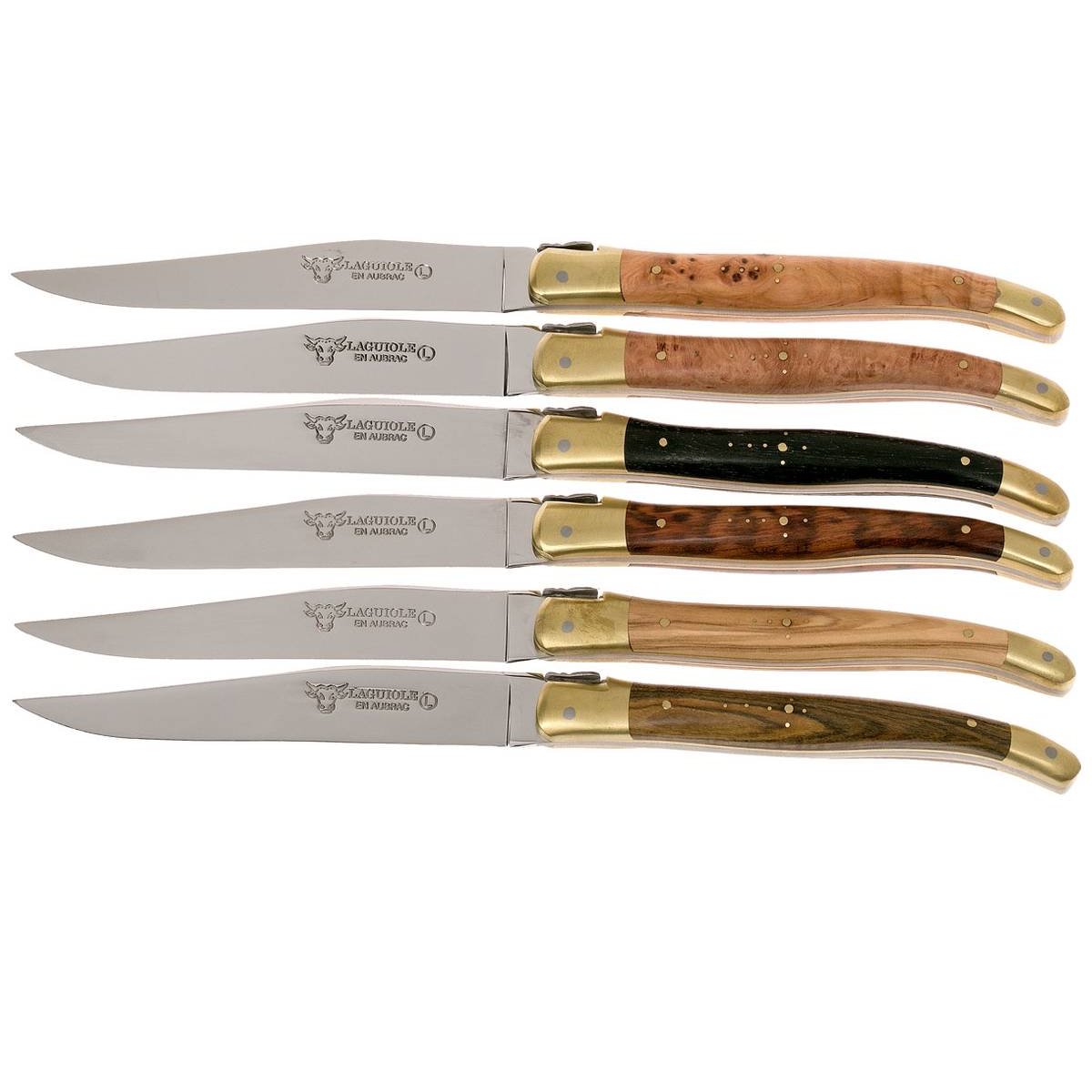 Laguiole en aubrac Steak Knives 12 cm Various Wooden Handles 6-Pieces Set Laguiole En Aubrac Brass 62C99BDLBH
