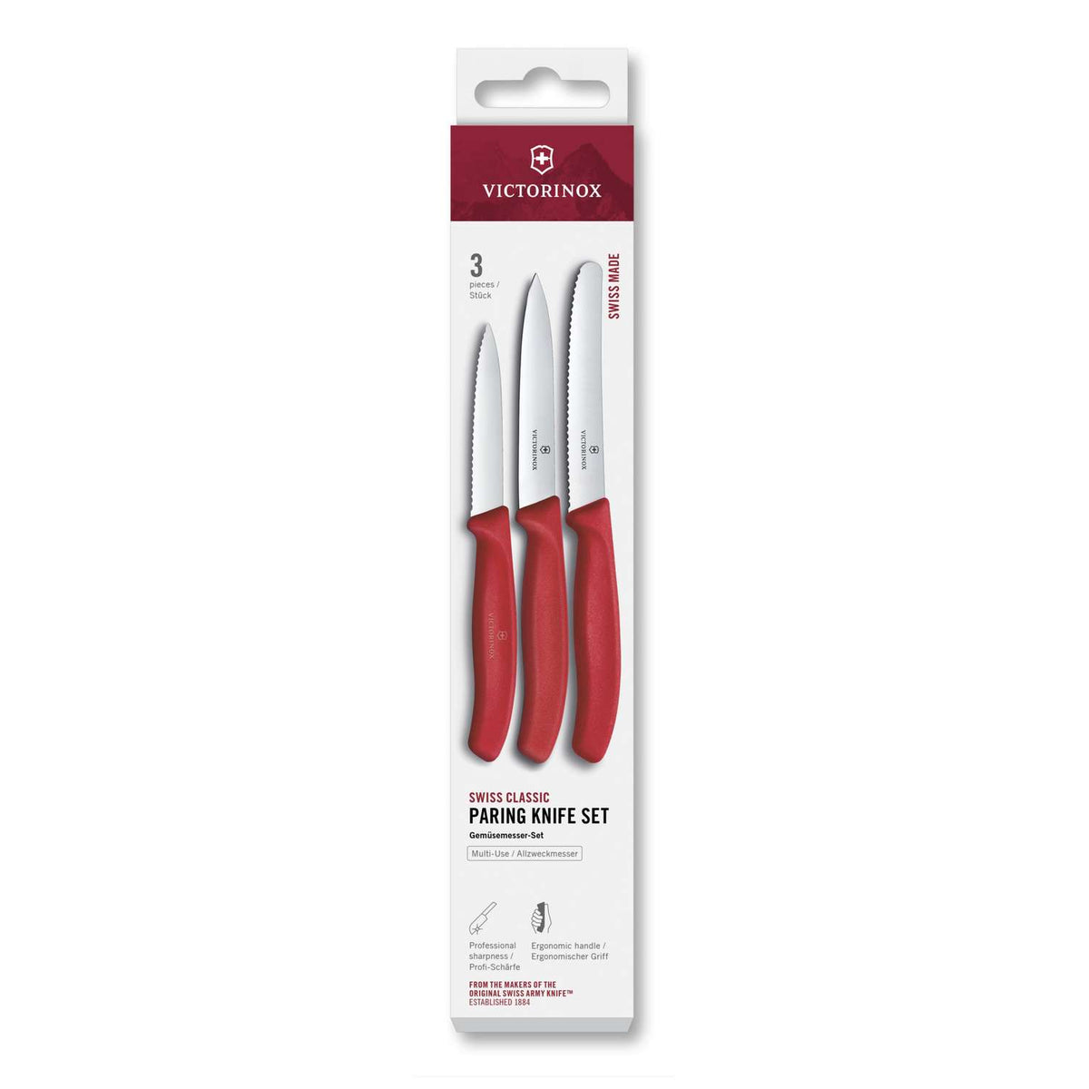 Victorinox Kitchen Knives Red Handles 3 pcs Set Swiss Classic