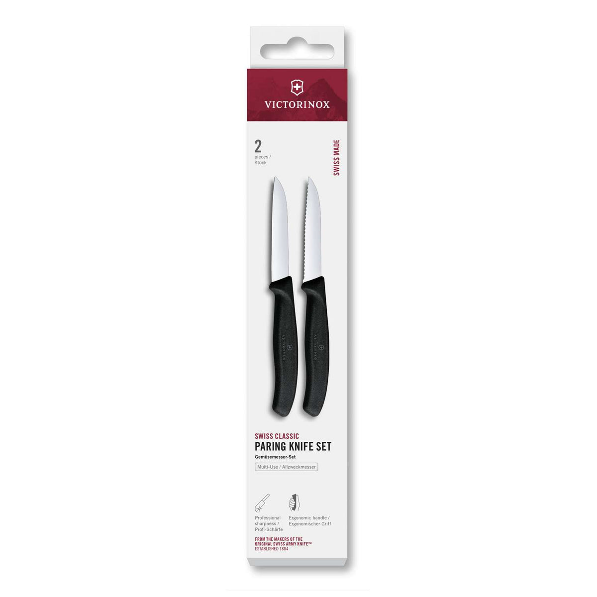 Victorinox Serrated Paring Knife 8 cm Straight Edge Black Handle 2 pcs Set Swiss Classic 6.7493.2