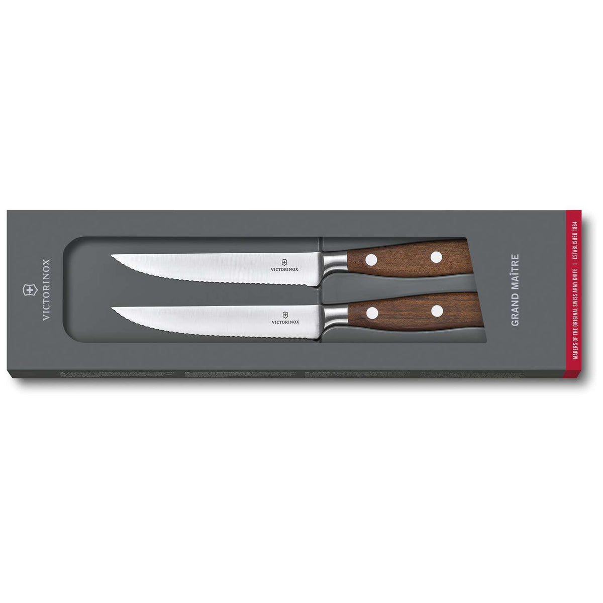 Victorinox Serrated Steak Knives 12 cm Wooden Handle 2 Piece Set Gift Box Grand Maitre 7.7240.2W
