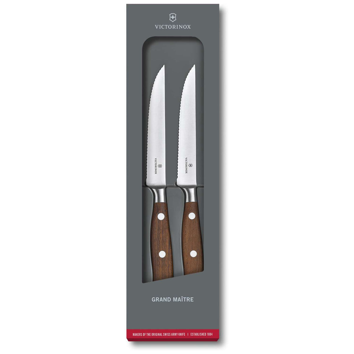 Victorinox Serrated Steak Knives 12 cm Wooden Handle 2 Piece Set Gift Box Grand Maitre 7.7240.2W