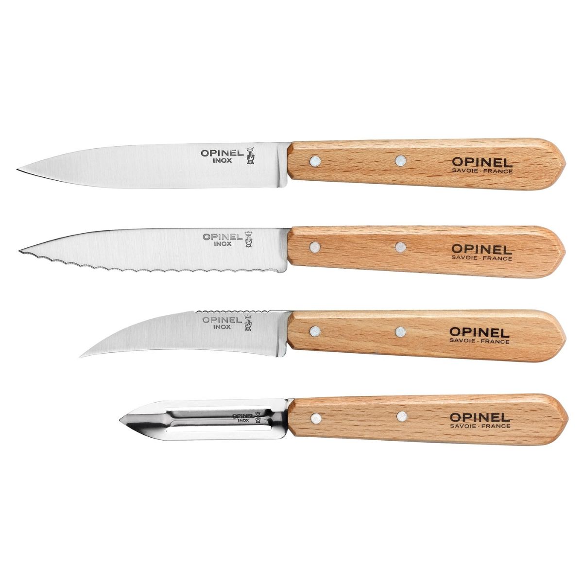 Opinel Kitchen Knives & Peeler Set 4 pcs With Olive Wood Handles Les Essentiels 002163