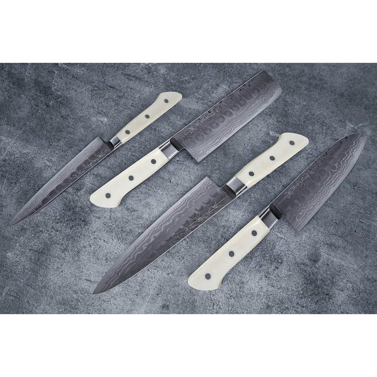 Tojiro Handmade Hammered Aogami Damascus Utility Knife 15 cm Micarta Handle