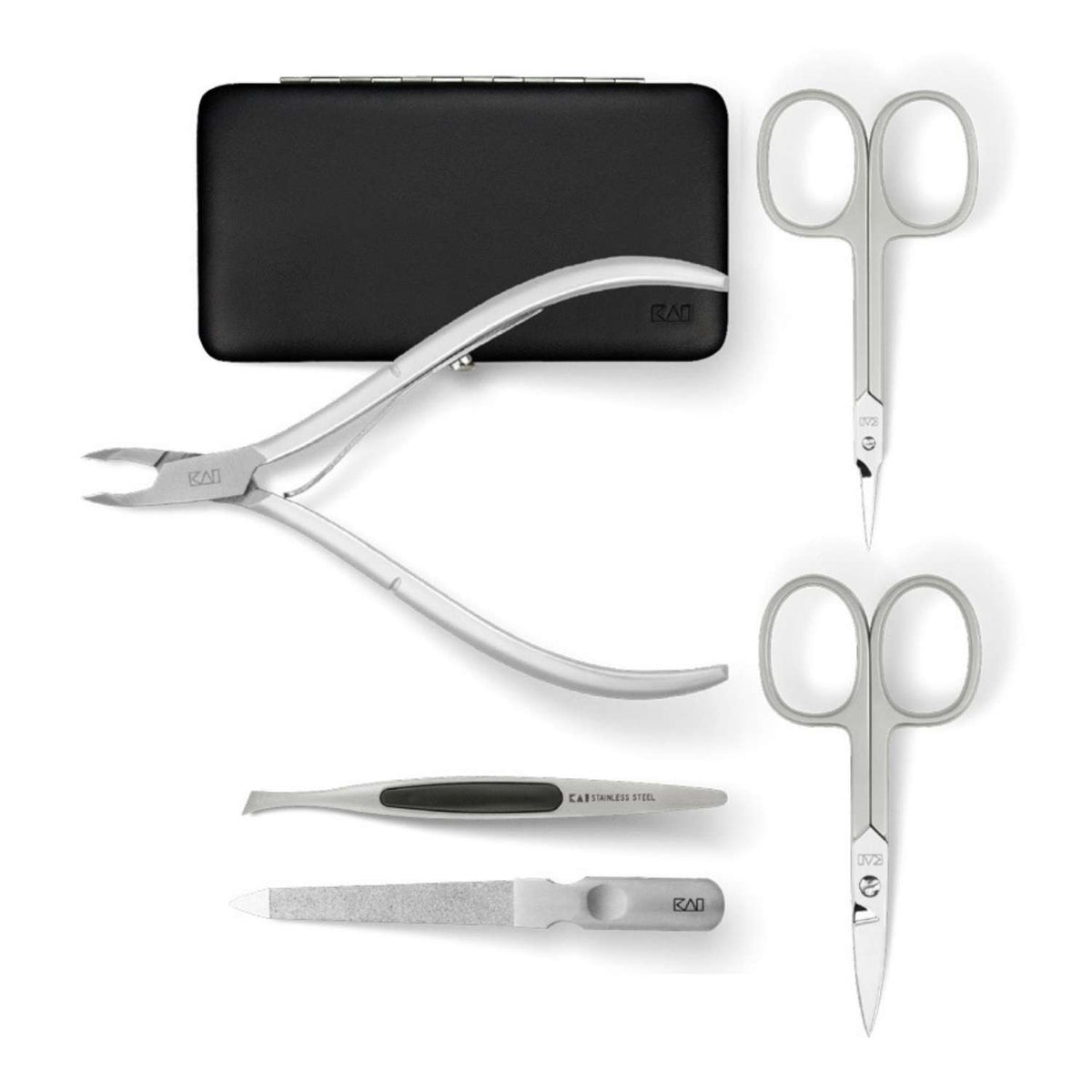 KAI Japanese Manicure Set 5 pcs Nail Scissors, Cuticle Scissors, Nail File, Tweezers & Cuticle Nippers) Instruments Sets BCI-SET04