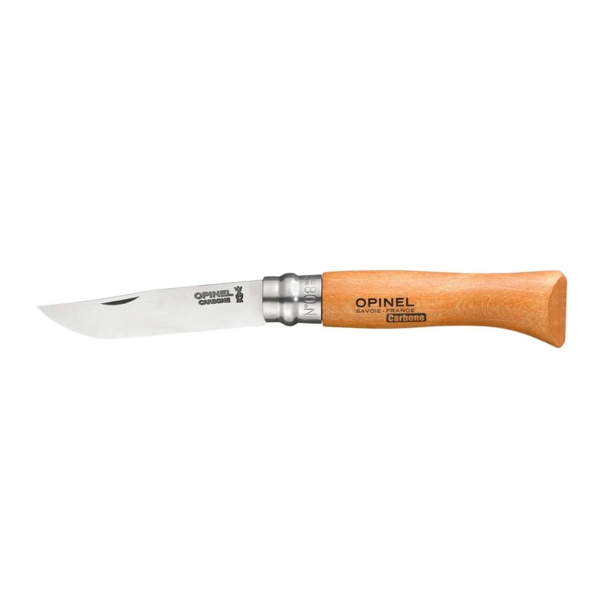 Opinel Pocket Knife 8.5 cm Beech Wood Handle and Steath in a Wooden Gift Box With Glass Lid No 8 Carbon 000815