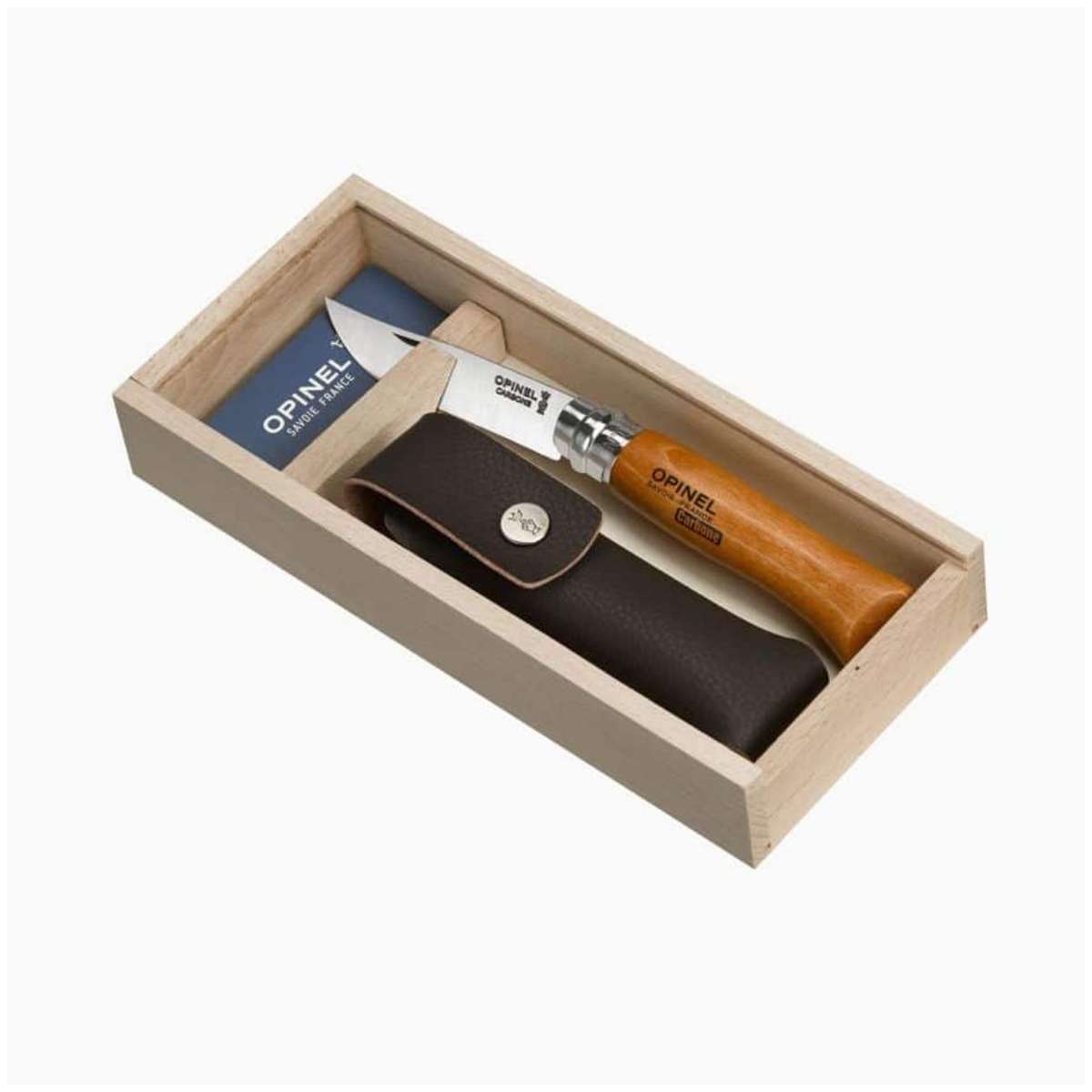 Opinel Pocket Knife 8.5 cm Beech Wood Handle and Steath in a Wooden Gift Box With Glass Lid No 8 Carbon 000815