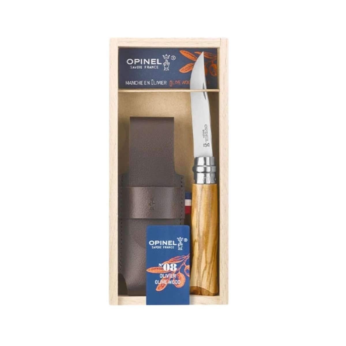 Opinel Pocket Knife 8.5 cm Olive Wood Handle and Steath in a Wooden Gift Box With Glass Lid No 8 Inox 001004