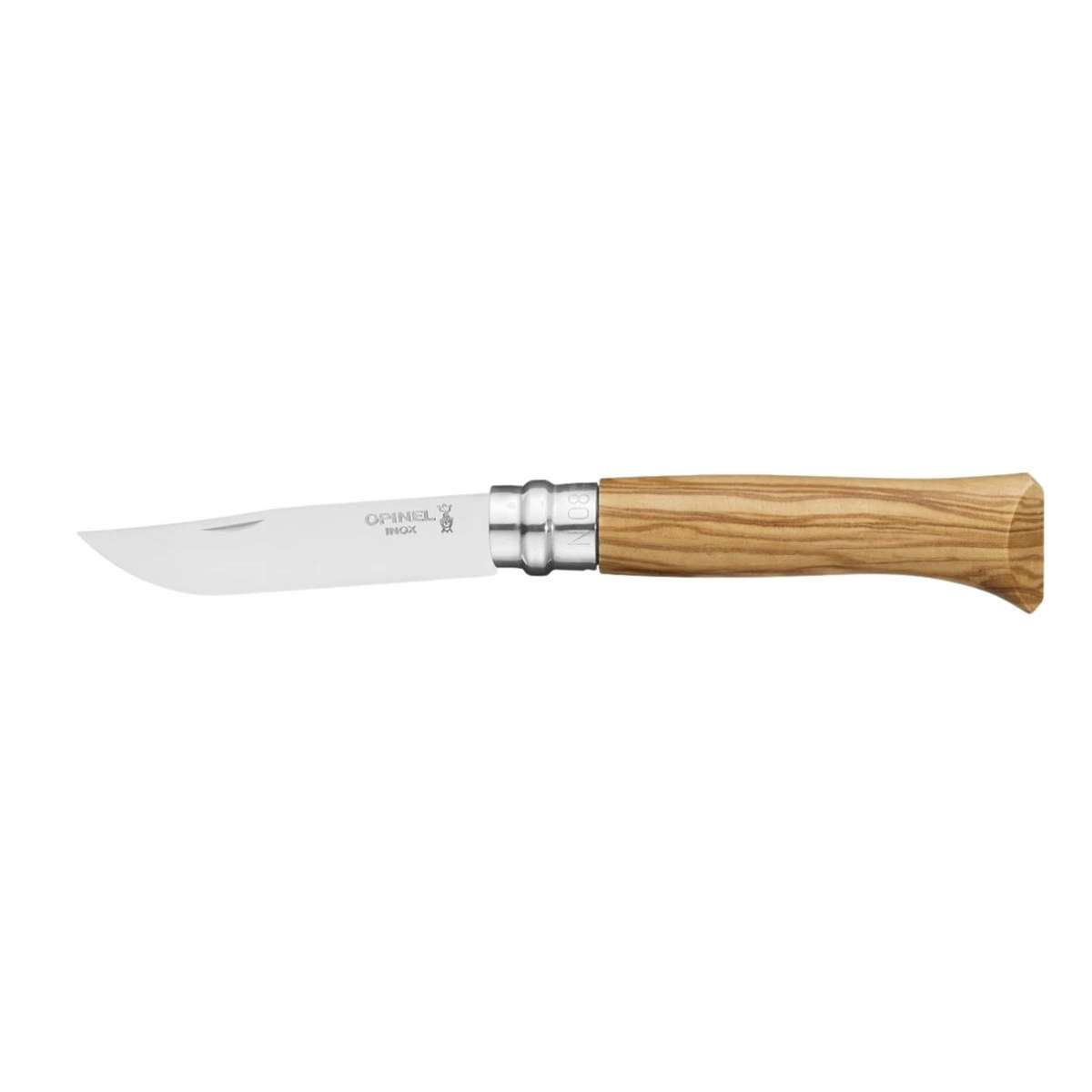 Opinel Pocket Knife 8.5 cm Olive Wood Handle and Steath in a Wooden Gift Box With Glass Lid No 8 Inox 001004