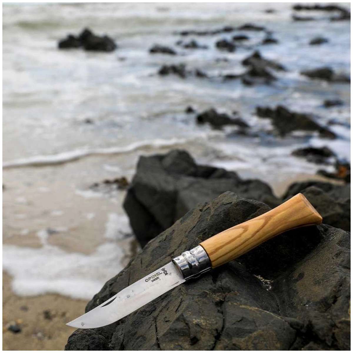 Opinel Pocket Knife 8.5 cm Olive Wood Handle and Steath in a Wooden Gift Box With Glass Lid No 8 Inox 001004