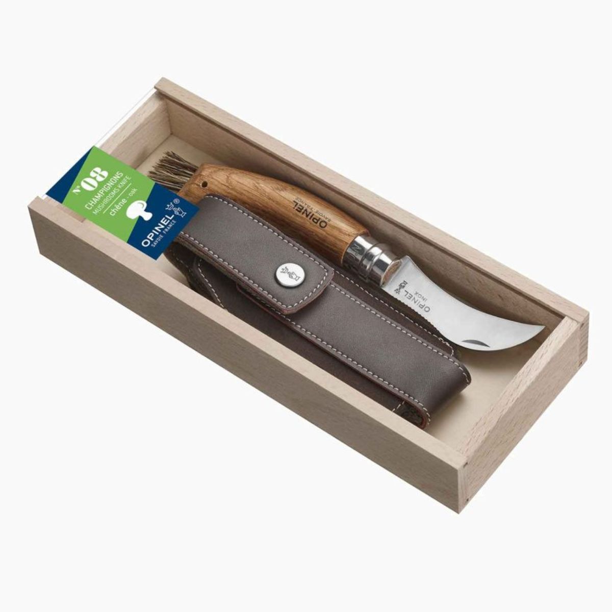 Opinel Pocket Knife 8 cm for Mushrooms Oak Wood Handle and Steath in a Wooden Gift Box No 8 Inox 001327