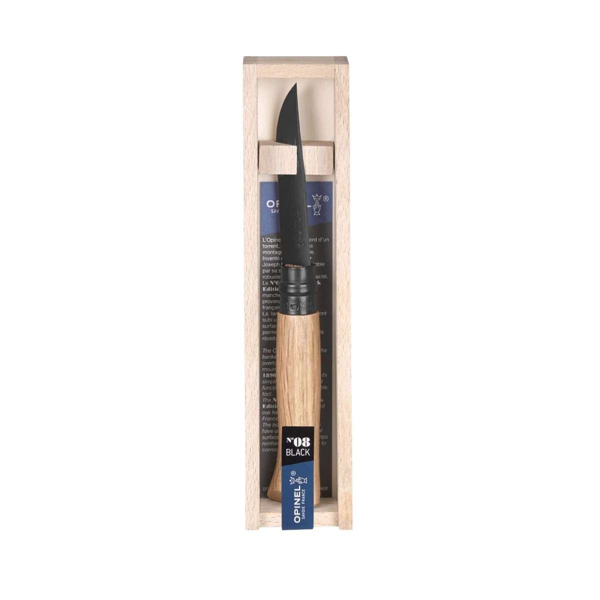 Opinel Pocket Knife 8.5 cm With Black Blade Oak Wood Handle and Steath in a Wooden Gift Box No 8 Inox 002172