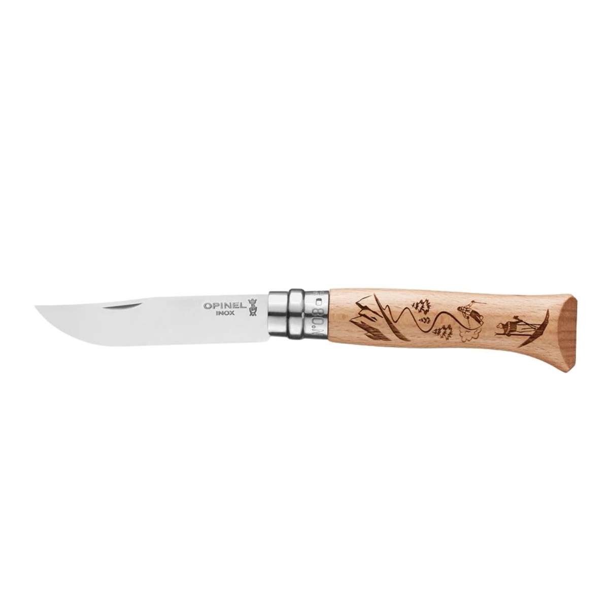 Opinel Pocket Knife 8.5 cm Engraved Beech Wood Handle No 8 Gravé Sport Skiing 002188