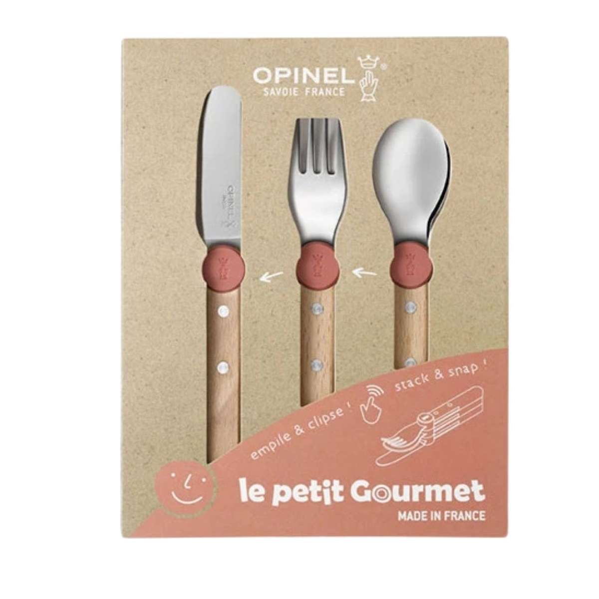 Opinel Stainless Steel Kid's Cutlery Set 3 pcs With Beech Wood Handle Coral 003256