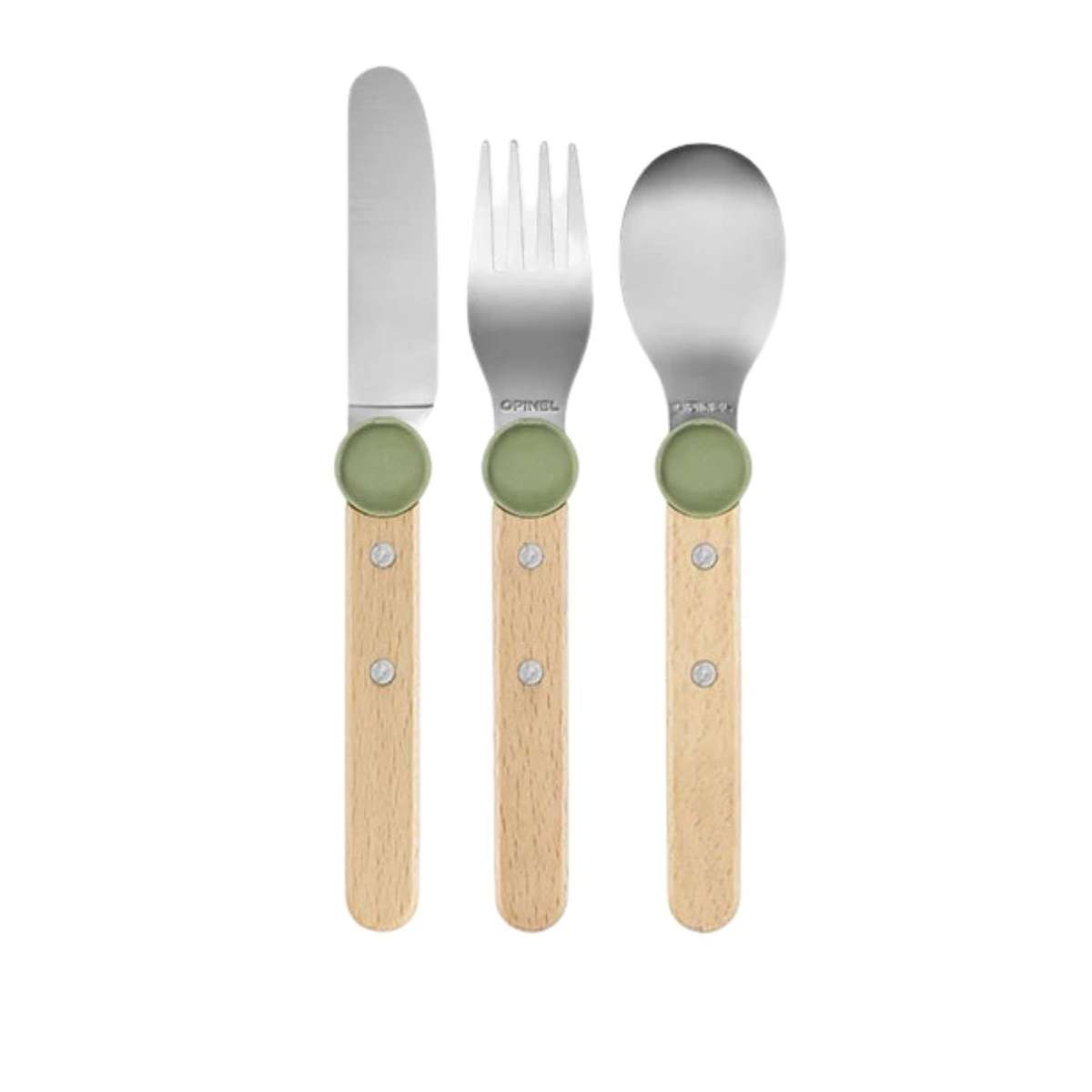 Opinel Stainless Steel Kid's Cutlery Set 3 pcs With Beech Wood Handle Olive Green 003258