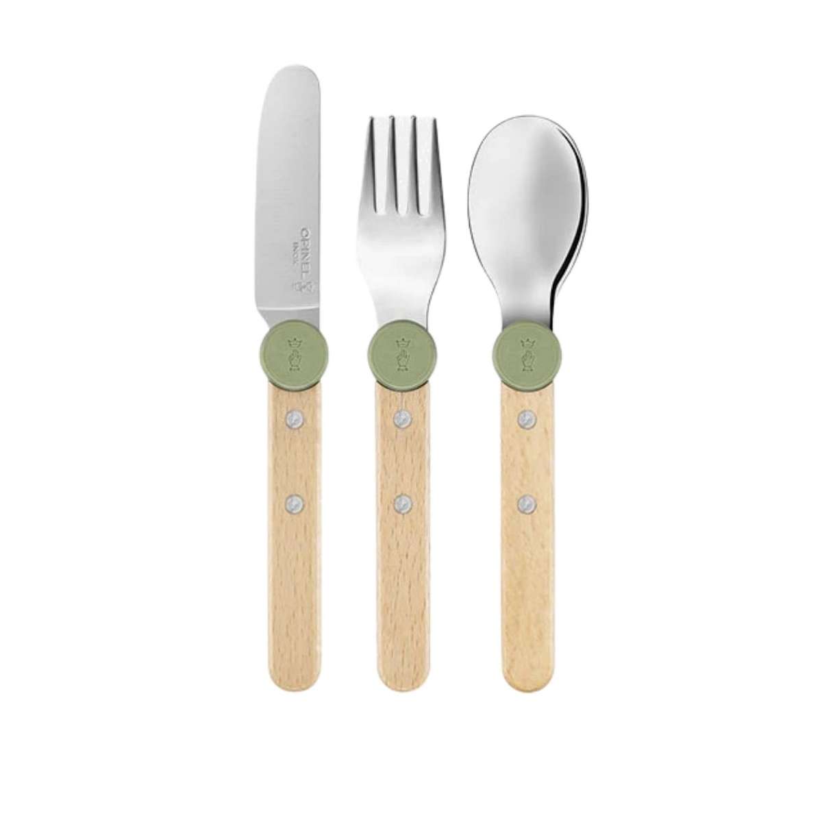 Opinel Stainless Steel Kid's Cutlery Set 3 pcs With Beech Wood Handle Olive Green 003258