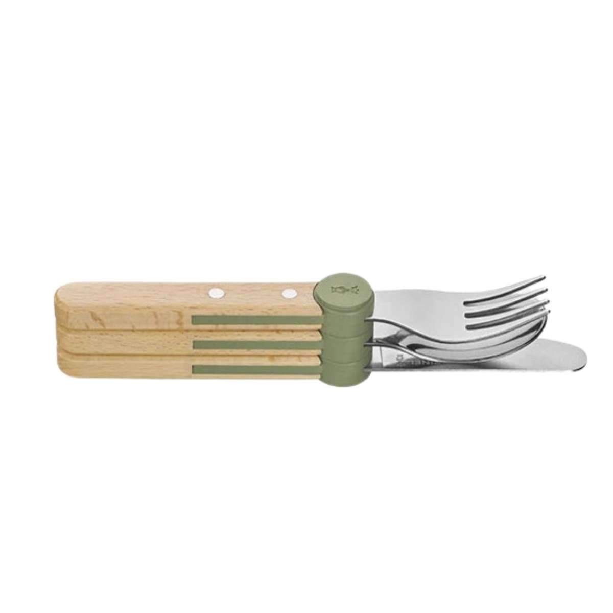 Opinel Stainless Steel Kid's Cutlery Set 3 pcs With Beech Wood Handle Olive Green 003258