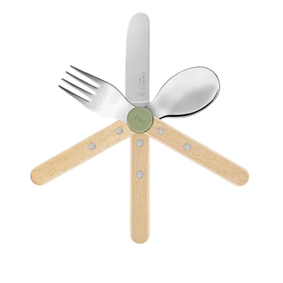 Opinel Stainless Steel Kid's Cutlery Set 3 pcs With Beech Wood Handle Olive Green 003258