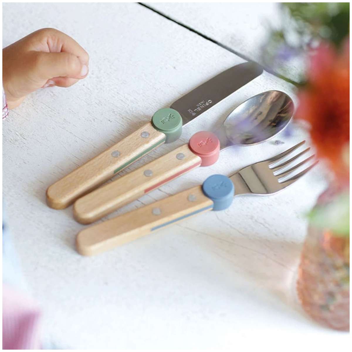 Opinel Stainless Steel Kid's Cutlery Set 3 pcs With Beech Wood Handle Olive Green 003258