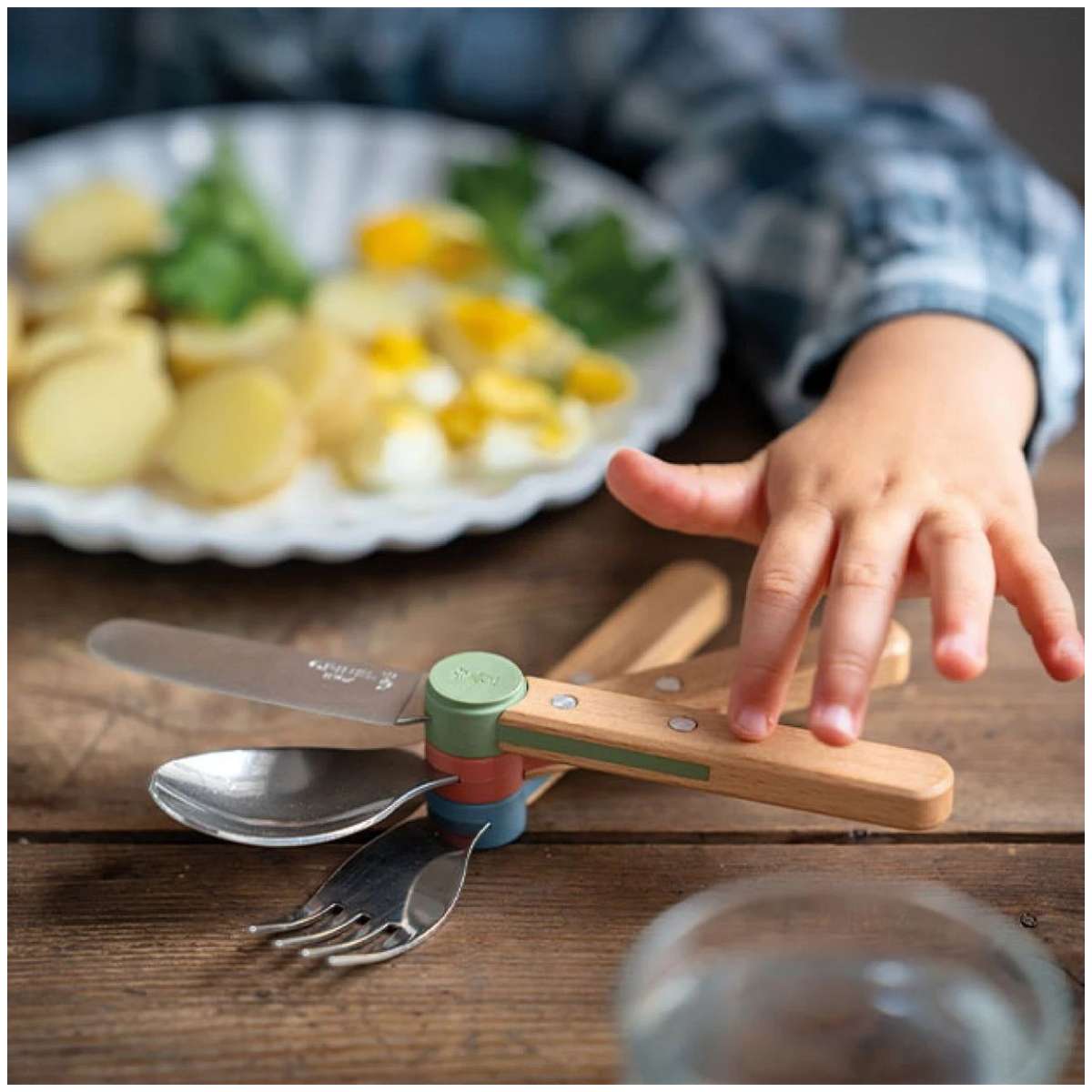 Opinel Stainless Steel Kid's Cutlery Set 3 pcs With Beech Wood Handle Olive Green 003258