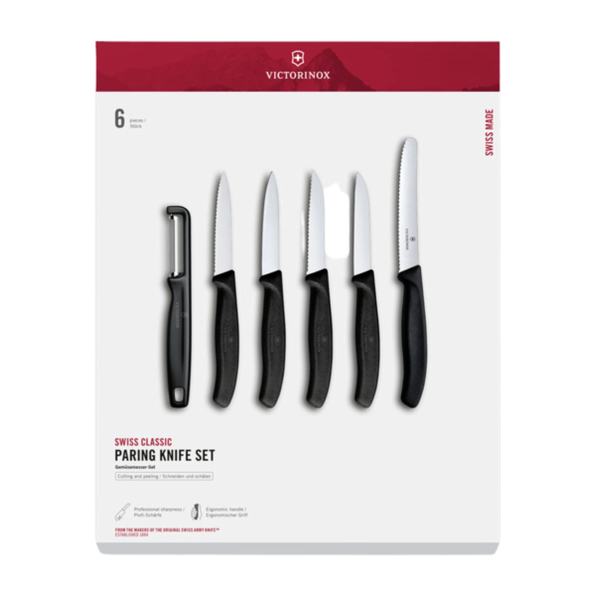 Victorinox Kitchen Knives And Peeler Black Handles 6 pcs Set Gift Box Swiss Classic 6.7113.61G