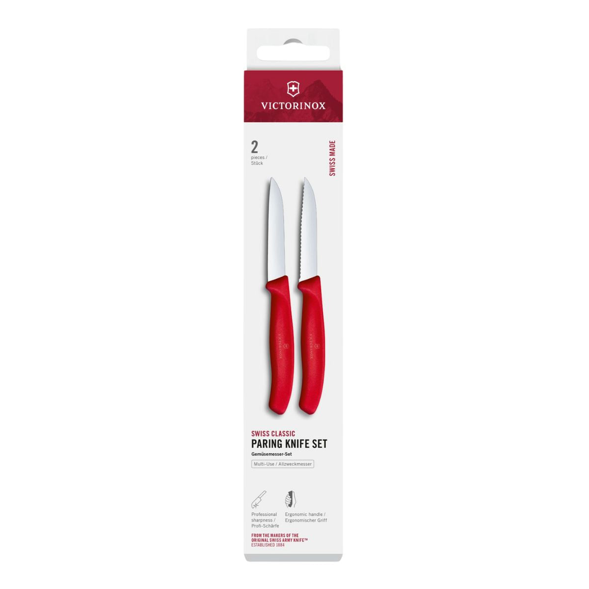 Victorinox Serrated Paring Knife 8 cm Straight Edge Red Handle 2 pcs Set Swiss Classic 6.7491.2C1