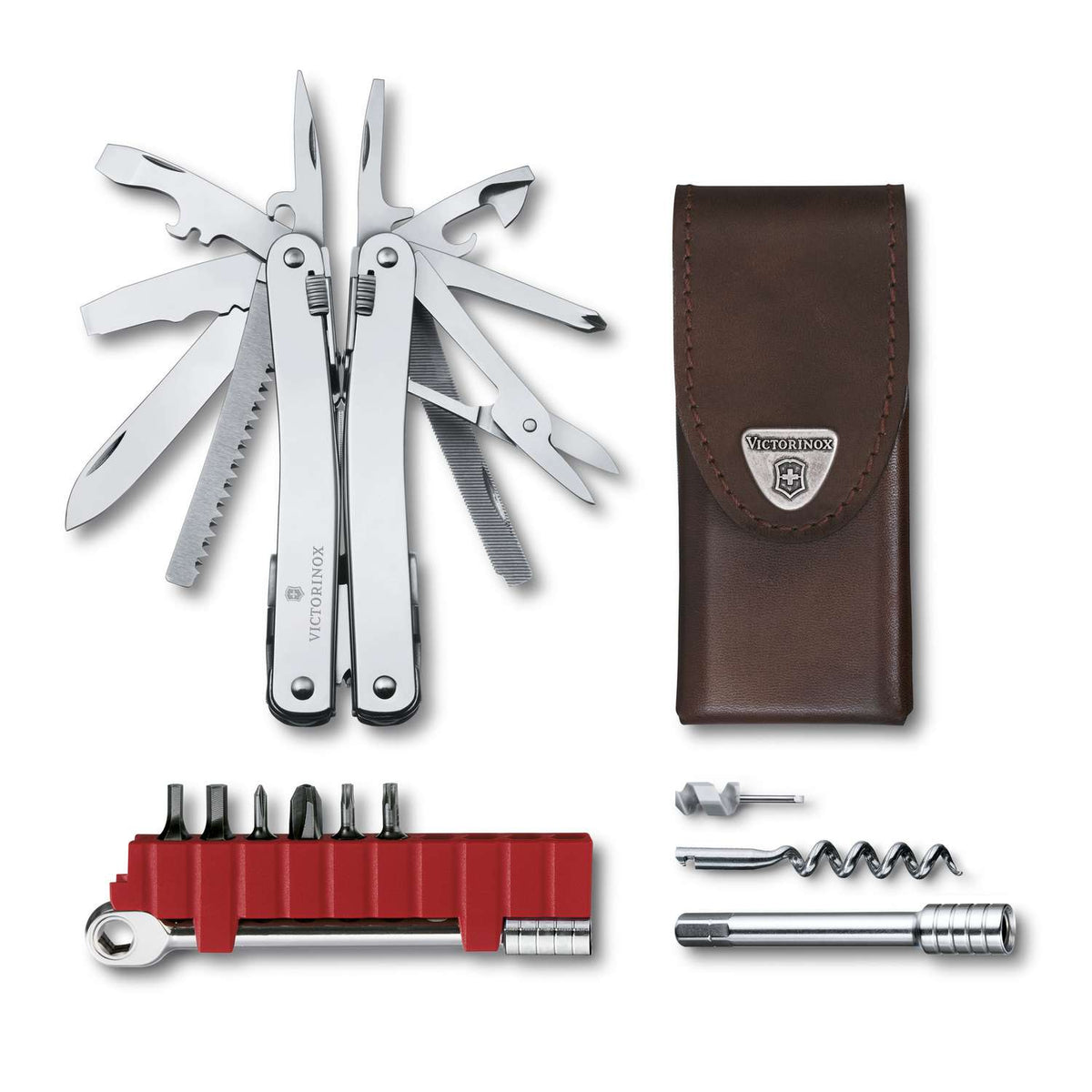 Victorinox Swiss Tool Spirit X Plus Ratchet Swiss Army Multitool 105 mm 36 Functions Silver In Leather Belt Pouch 3.0236.L